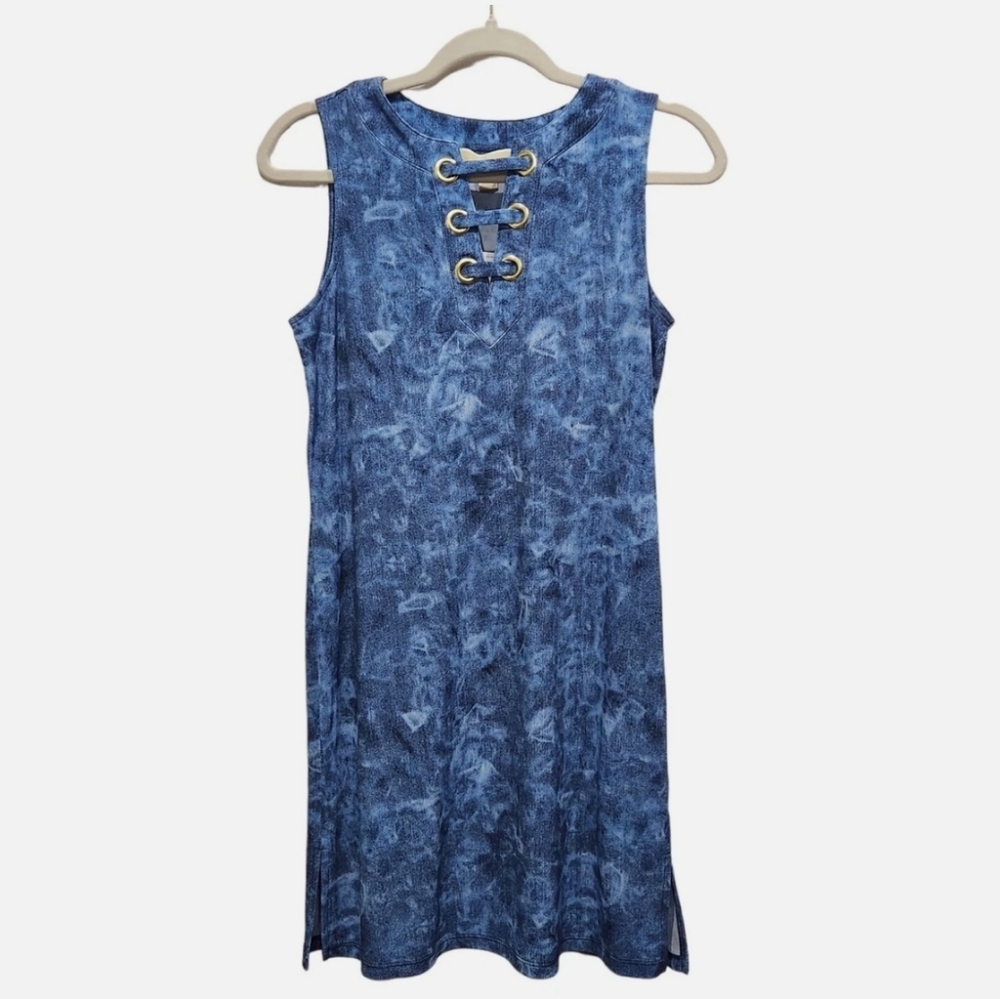 Michael Kors Sleeveless Tie Dye Denim Blue Lace Up Neck Tank Mini Dress i-2109